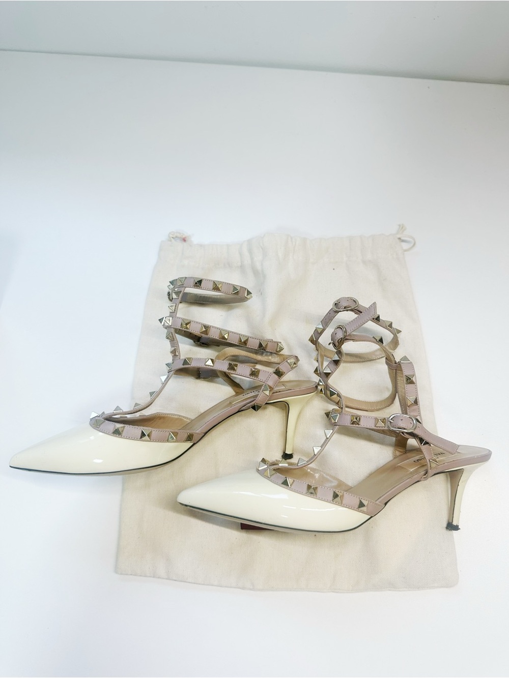 Valentino Ivory Patent Pointed Rockstud Ankle-Strap Pumps - Picture 8 of 9